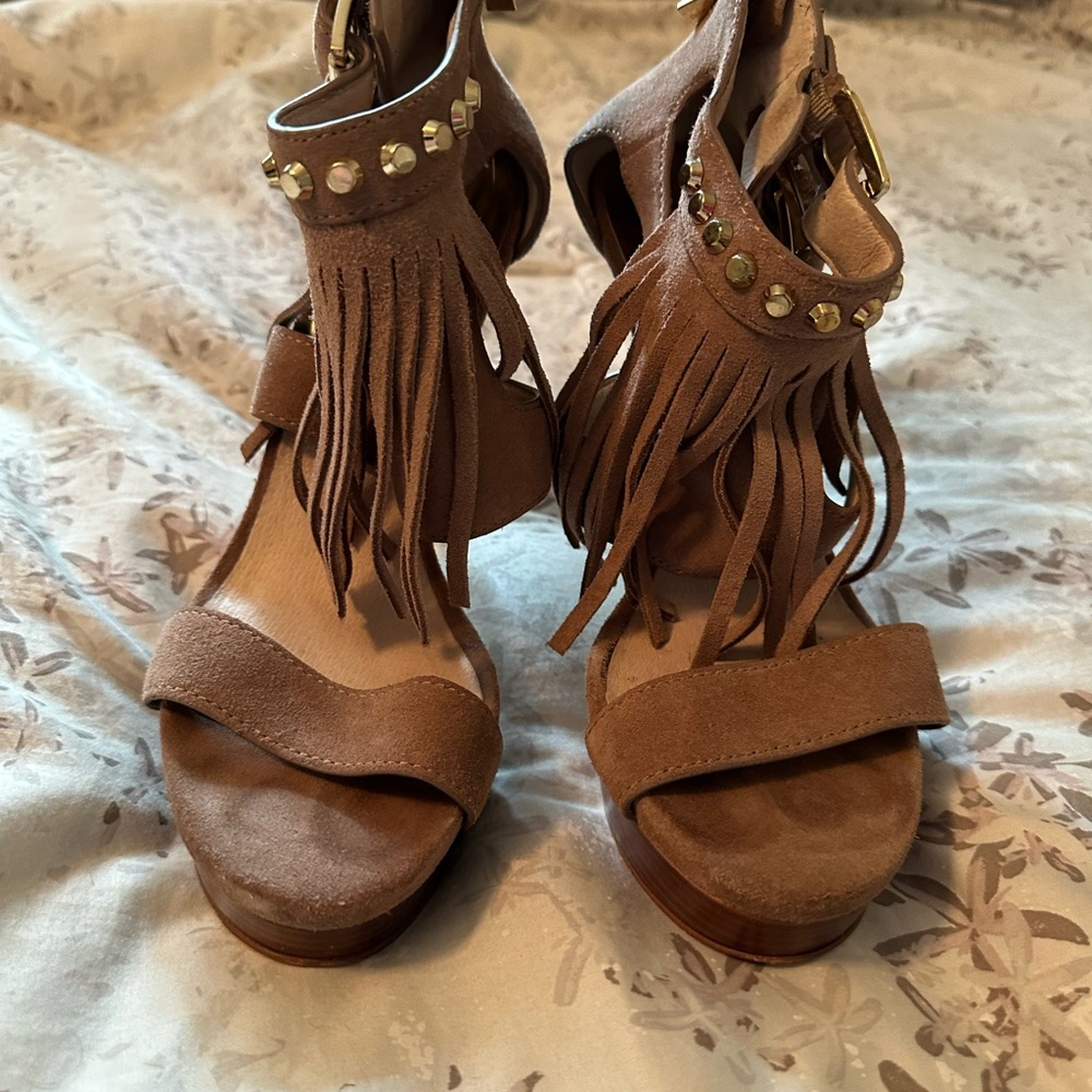Michael Kors Brown Suede Fringe Platform Sandals